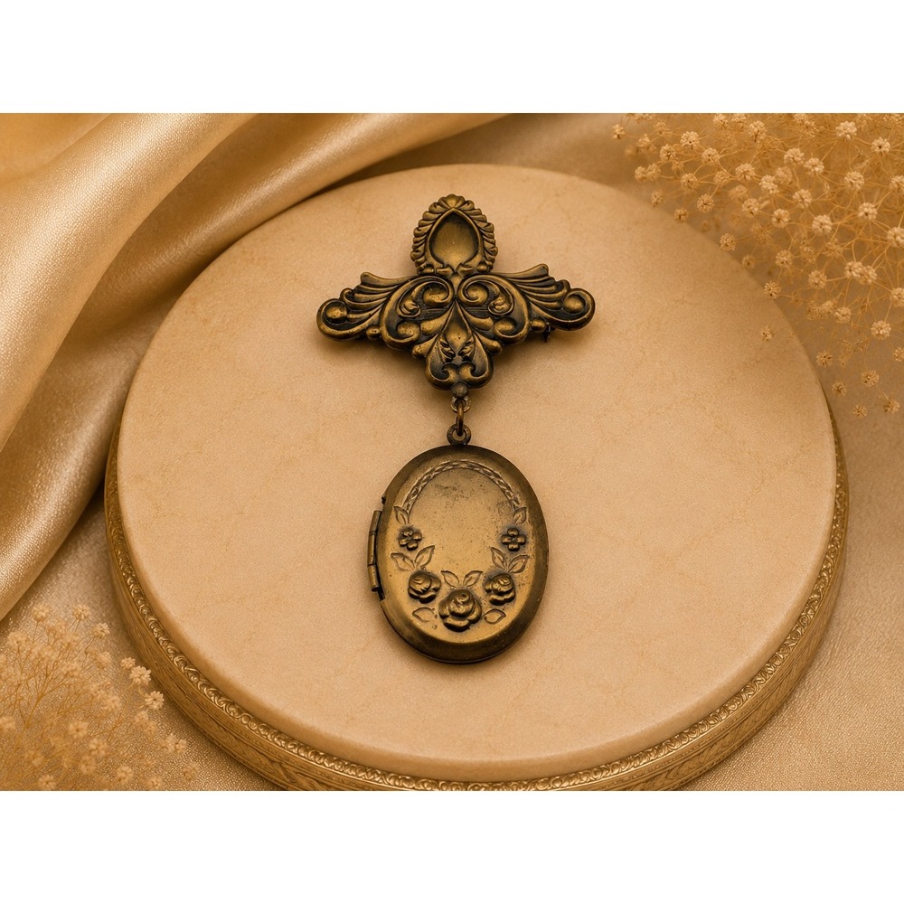 Vintage Victorian Style Brooch Dangle Oval Locket Pin Repousse Scrollwork Rose
